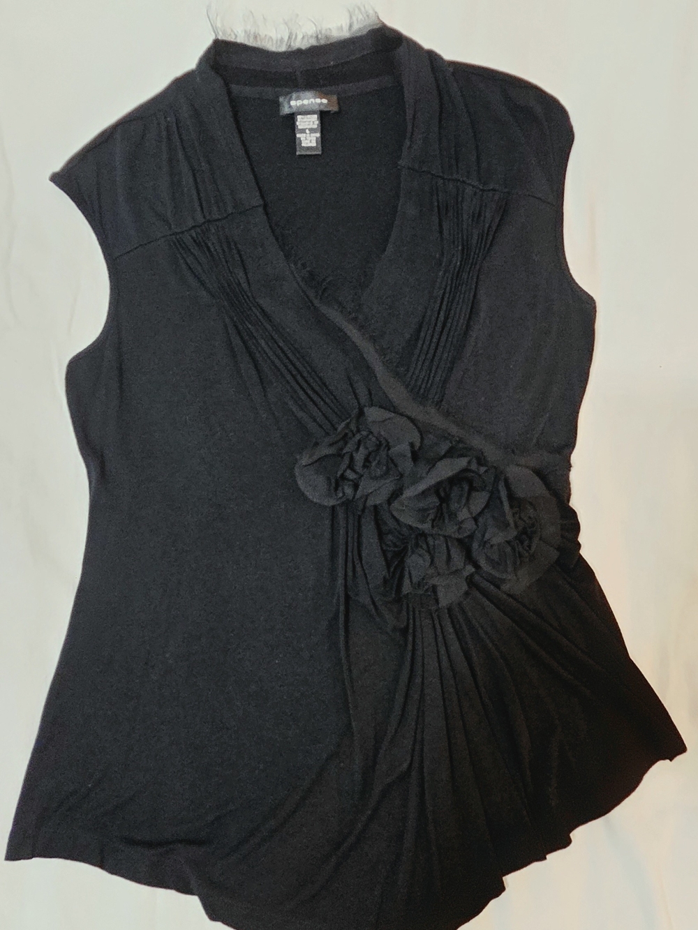 Spense Black Sleeveless V-Neck Floral Applique Tunic